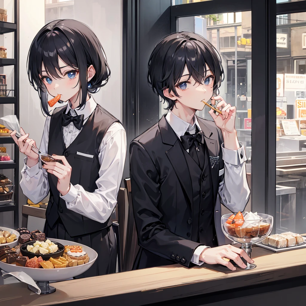 1 strong male, eating sweets, small cafe, black and white formal suit