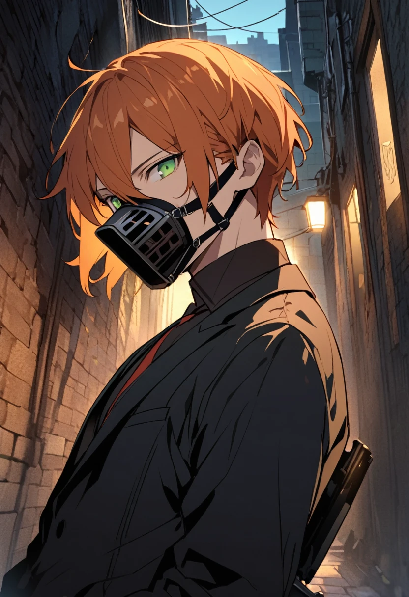 One man、Beautiful eyes、Orange Hair、Green Eyes、ハイライトのBeautiful eyes、evening、Dark Back Alley、Holding a gun、Pistol、Black suit、Long sleeve、Cool angle、Point the muzzle at us、Expressionless、cool、Upper Body