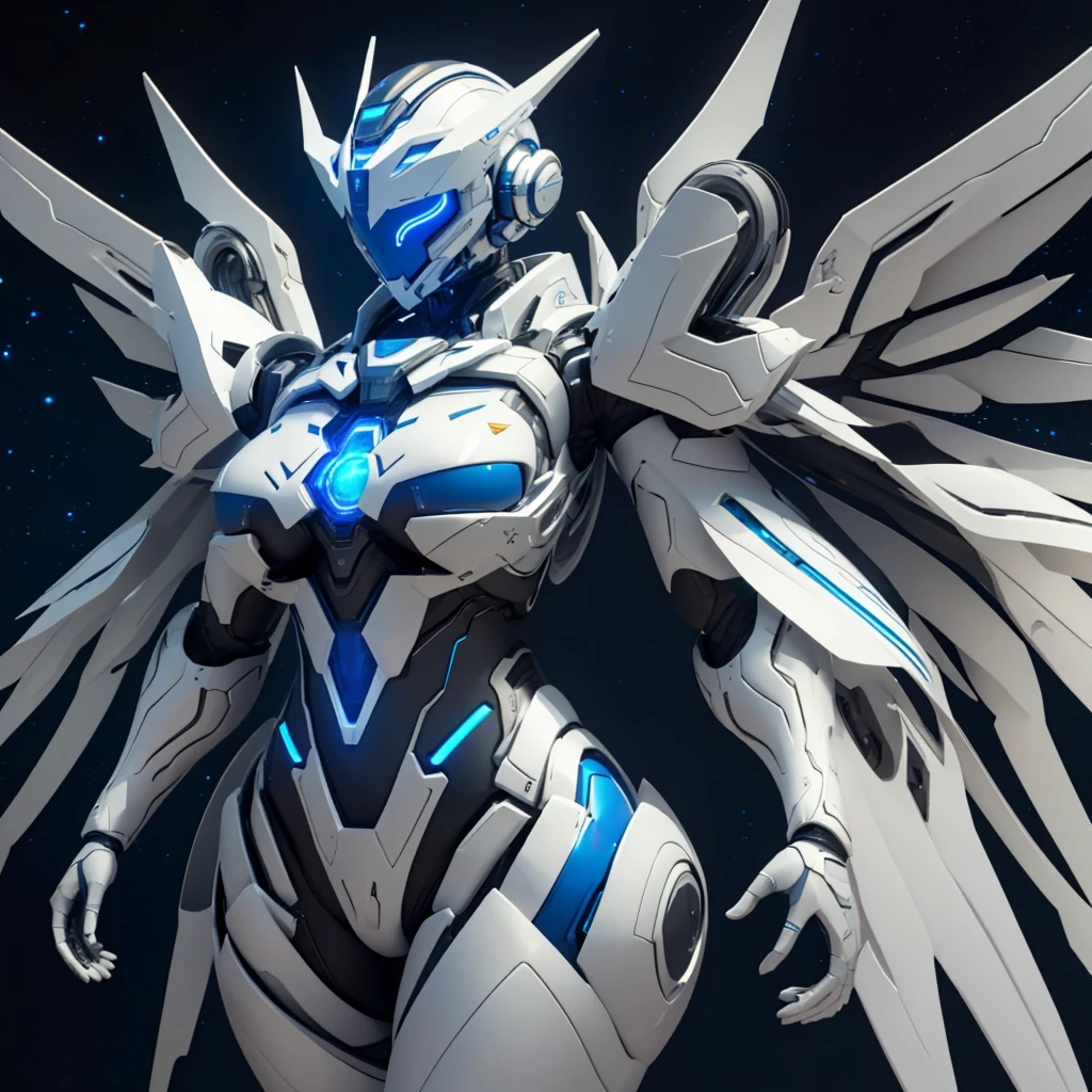 Dronificated unknown woman in a fully enclosed white latex fullbody armor with blue lights across the suit and star shaped glowing core in the chest, fully enclosed cyber helmet that cover her whole face and hides her identity with a blue screen that has a white star, huge breast, massive chest, narrow waist, wide hips and thick thighs, big tits, Big thighs, open Mechanical wings, in a warship in space, no face, no hair, no mouth, no eyes, (perfect ???????)