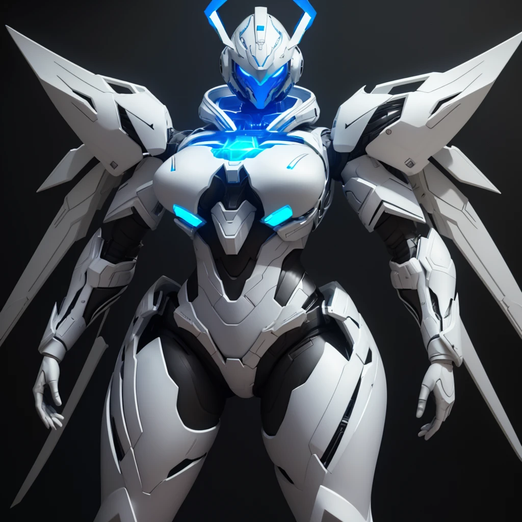 Dronificated unknown woman in a fully enclosed white latex fullbody armor with blue lights across the suit and star shaped glowing core in the chest, fully enclosed cyber helmet that cover her whole face and hides her identity with a blue screen that has a white star, huge breast, massive chest, narrow waist, wide hips and thick thighs, big tits, Big thighs, open Mechanical wings, in a warship in space, no face, no hair, no mouth, no eyes, (perfect anatomy)