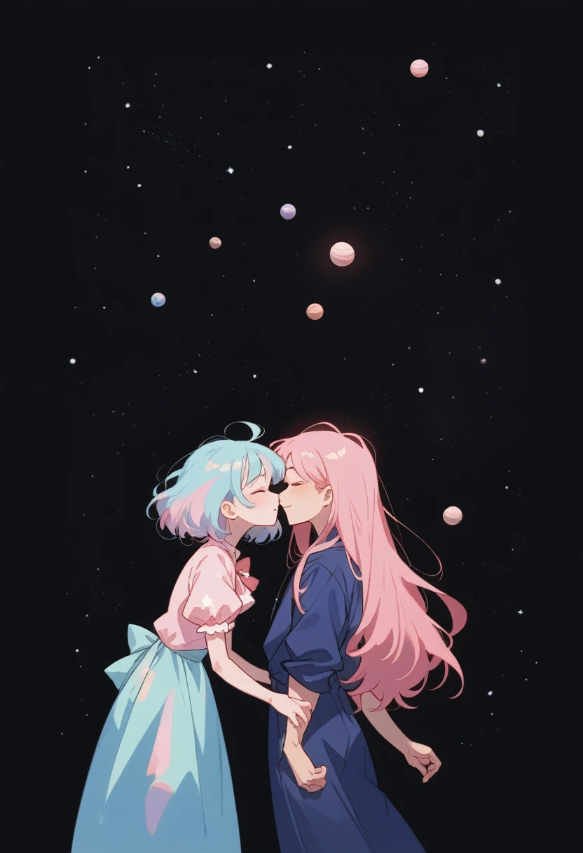 they are поцелуи in front of a galaxy and big pink planet ночью, big pink planet in the background, поцелуи together cutely, couple поцелуи, They are in love, taken at night, Space in the background, boy and girl