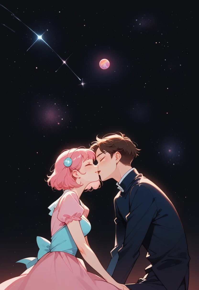 they are поцелуи in front of a galaxy and big pink planet ночью, big pink planet in the background, поцелуи together cutely, couple поцелуи, They are in love, taken at night, Space in the background, boy and girl