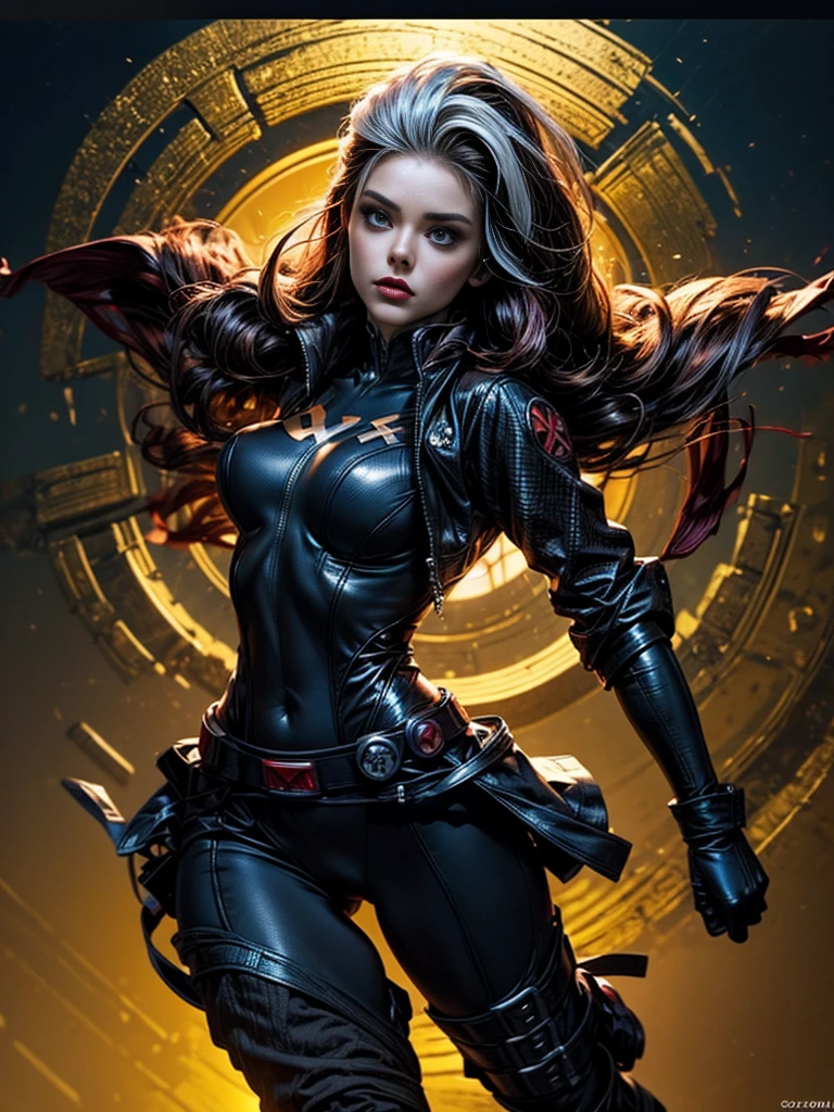 Daisy Ridley、masterpiece、High quality 4K、villain (X-Men)、Gothic Girl、Sculpted Body Gothic Makeup、Black jacket、Red and blue bodysuit、masterpiece、Highest quality、Cowboy Shots、One personの女の子、One person、Technology Military Bodysuit、fringe