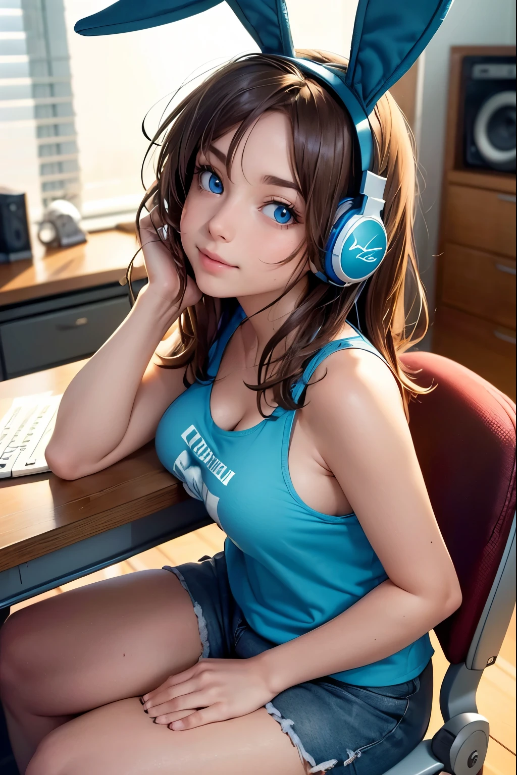 Woman, Brown Hair, messy hair, blue eyes, large breasts, dolphin shorts, tank top, (Sitting in desk chair leaning forward onto desk), Sleeping on desk, Computer on, Dark Bedroom, Night time, Lights turned off,  headphones on head, (Bunny Ear Headphones), ((Looking up at viewer)), Smiling, hanging, sideboob