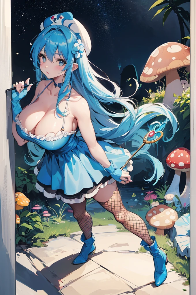 a young girl, like Smurfette; (((She is also the protagonist of the 1959 cartoon series), huge cleavage showing off her perfect breasts. Full body image, slightly bluish skin, wearing a white Smurfs hat). They have a sensual body with a beautiful pair of large breasts, wearing boots and fishnet stockings. The character radiates a magical aura and has flowing hair. They explore a giant mushroom-shaped flower, specifically at night, holding a Mayan wand to illuminate the darkness.