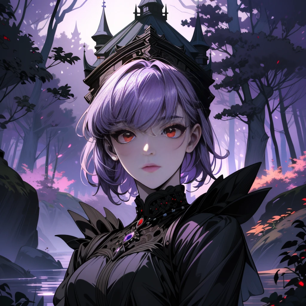 ((ultra detailed, Masterpiece, absurdities))
 DOAayane, 1 girl, Alone, short hair, Red eyes, extensive purple hair, Dark luxurious castle at twilight, dynamic moonlight, Creepy shadows, nervous forest atmosphere, Detailed foliage and trees. 