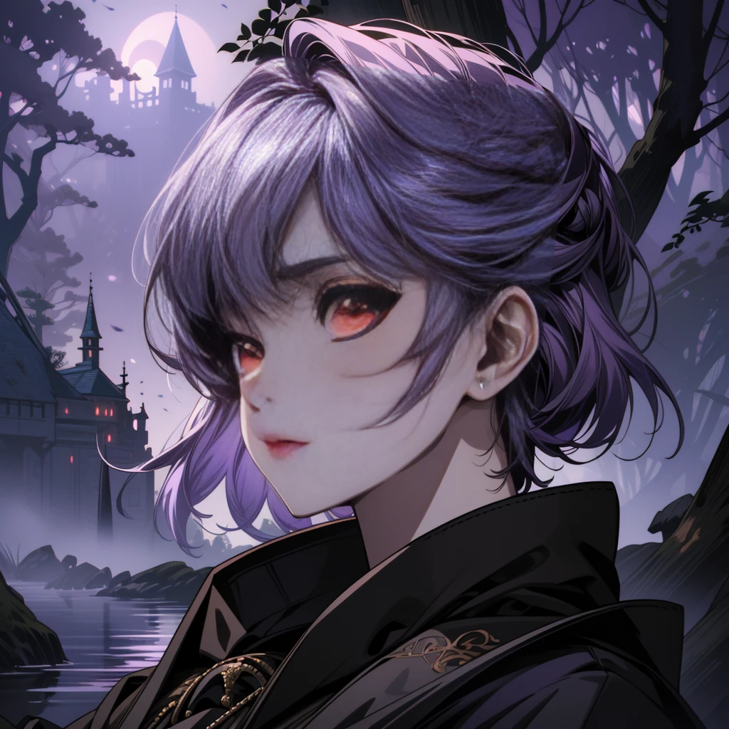 ((ultra detailed, Masterpiece, absurdities))
 DOAayane, 1 girl, Alone, short hair, Red eyes, extensive purple hair, Dark luxurious castle at twilight, dynamic moonlight, Creepy shadows, nervous forest atmosphere, Detailed foliage and trees. 