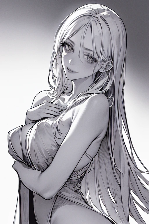 Best Quality, (Background Duplicate), High Contrast, Super Beautiful Girl, Original Illustration Detail, Sensual, Delicate Face, Charming, Awesome Ambiance, Sexy, Real Breasts, Crazy Smile, Crazy Eyes, Looking At Camera, (White Background:1.5), Beautiful Line Art, Monochrome