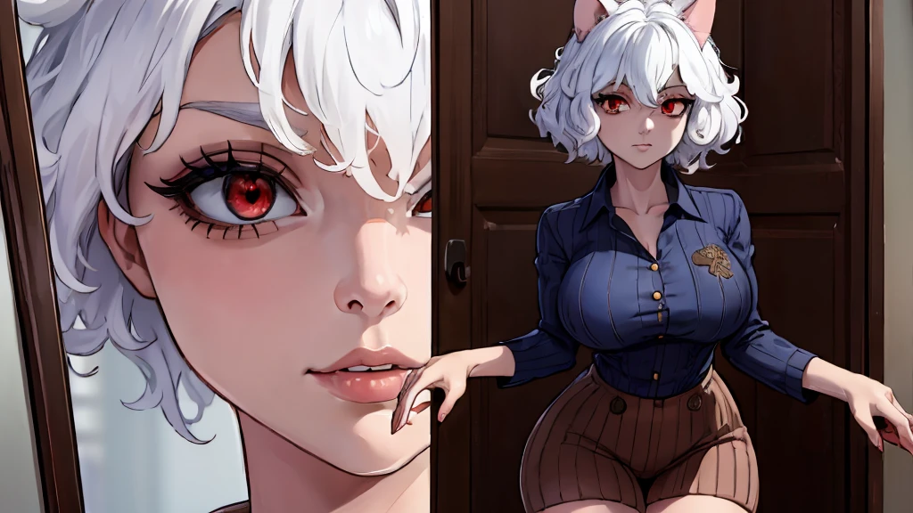 neferpitou, neferpitou, short hair, (red eyes:1.5), animal ears, hair between eyes, tail, white hair, cat ears, cat tail, cat girl, curly hair, thick thighs, gigantic breasts, thin waist, high heels, evil smile, BREAK long sleeves, shorts, striped, buttons, brown shorts, shirt, collared shirt, blue shirt, BREAK looking at viewer, BREAK indoors, classroom, (cowboy shot:1.5), BREAK (masterpiece:1.2), best quality, high resolution, unity 8k wallpaper, (illustration:0.8), (beautiful detailed eyes:1.6), extremely detailed face, perfect lighting, extremely detailed CG, (perfect hands, perfect anatomy),