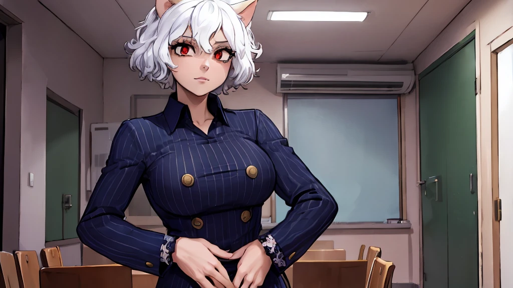 neferpitou, neferpitou, short hair, (red eyes:1.5), animal ears, hair between eyes, tail, white hair, cat ears, cat tail, cat girl, curly hair, thick thighs, gigantic breasts, thin waist, high heels, evil smile, BREAK long sleeves, shorts, striped, buttons, brown shorts, shirt, collared shirt, blue shirt, BREAK looking at viewer, BREAK indoors, classroom, (cowboy shot:1.5), BREAK (masterpiece:1.2), best quality, high resolution, unity 8k wallpaper, (illustration:0.8), (beautiful detailed eyes:1.6), extremely detailed face, perfect lighting, extremely detailed CG, (perfect hands, perfect anatomy),