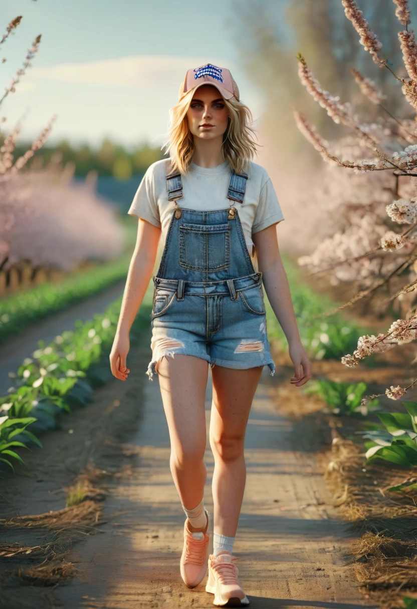 A freckled curvy strong farm tween. She is wearing a jean jack, crop top, and ripped Jean shorts, she is beautiful with low messy blonde twin tails and backwards ball cap and blue scuffed canvas sneakers. She lives on an abundant farm, ripe with harvest. Cute, perfect face, beige eyeshadow, light peach blush, coral lipgloss, athletic form, She is walking towards the camera on a lovely sunny day, pretty, pretty lighting, 8k, octane render, detailed, detailed background, 35mm, realistic, photorealistic, perfect face, cherry blossoms barrettes in hair, freckles, risqué poses, ((American face)), American, ((Billie Eillish))