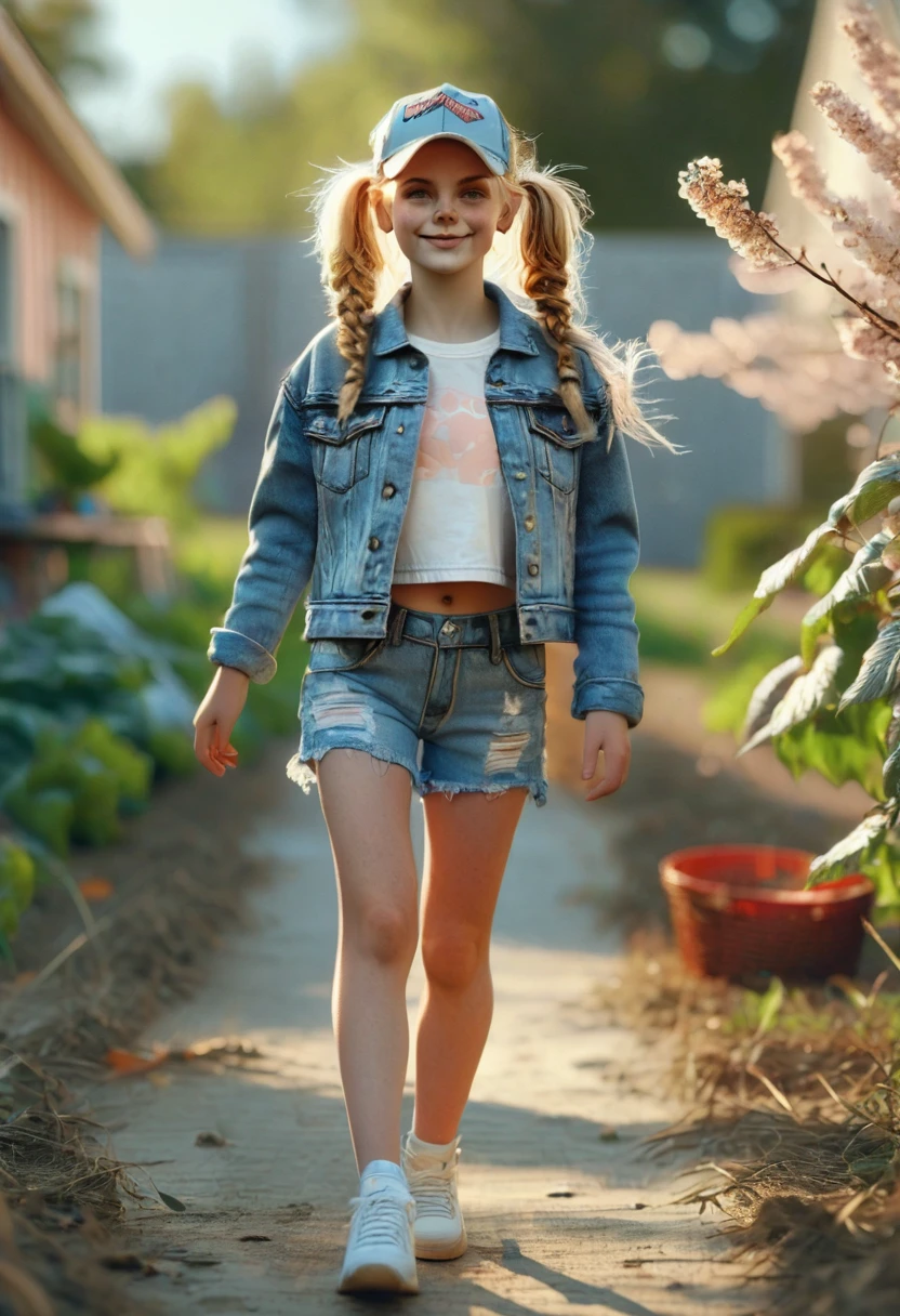 A freckled curvy strong farm tween. She is wearing a jean jack, crop top, and ripped Jean shorts, she is beautiful with low messy blonde twin tails and backwards ball cap and blue scuffed canvas sneakers. She lives on an abundant farm, ripe with harvest. Cute, perfect face, beige eyeshadow, light peach blush, coral lipgloss, athletic form, She is walking towards the camera on a lovely sunny day, pretty, pretty lighting, 8k, octane render, detailed, detailed background, 35mm, realistic, photorealistic, perfect face, cherry blossoms barrettes in hair, freckles, risqué poses, ((American face)), American, ((Billie Eillish))