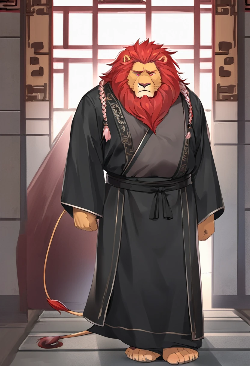 lion，personification，Mature male，Strong Man，Red hair，Sad expression，Red pupil，Red eyebrows，Braids，Black Hanfu，Temple corridor。