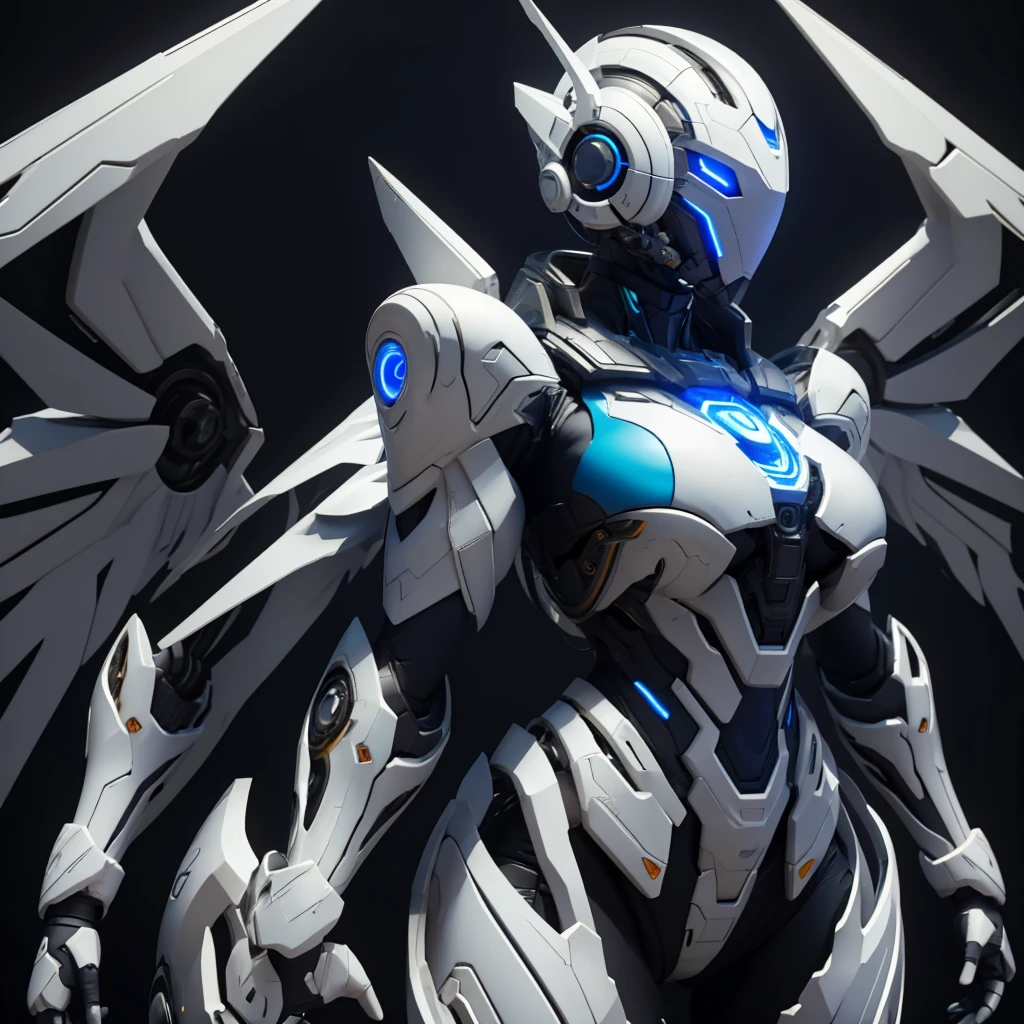 Dronificated unknown woman in a naked and star shaped glowing core in the chest, fully enclosed cyber helmet that cover her whole face and hides her identity with a blue screen that has a white star, huge breast, massive chest, narrow waist, wide hips and thick thighs, open Mechanical wings, in a spaceship, no face, no hair, no mouth, no eyes, (perfect anatomy)