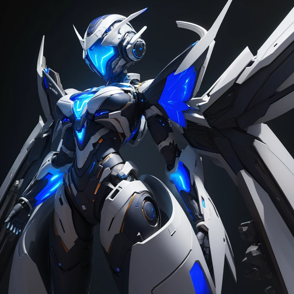 Dronificated unknown woman in a naked and star shaped glowing core in the chest, fully enclosed cyber helmet that cover her whole face and hides her identity with a blue screen that has a white star, huge breast, massive chest, narrow waist, wide hips and thick thighs, open Mechanical wings, in a spaceship, no face, no hair, no mouth, no eyes, (perfect anatomy)