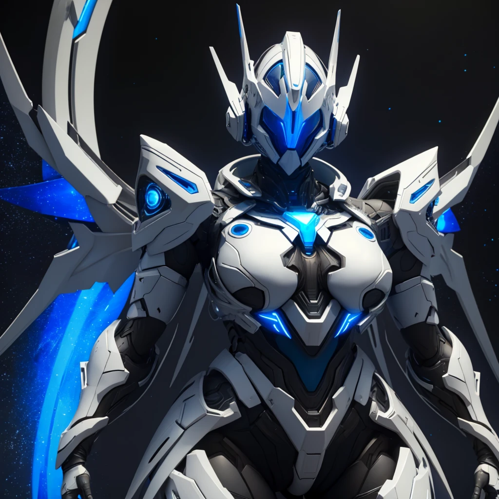 Dronificated unknown woman in a naked and star shaped glowing core in the chest, fully enclosed cyber helmet that cover her whole face and hides her identity with a blue screen that has a white star, huge breast, massive chest, narrow waist, wide hips and thick thighs, open Mechanical wings, in a spaceship, no face, no hair, no mouth, no eyes, (perfect ???????)