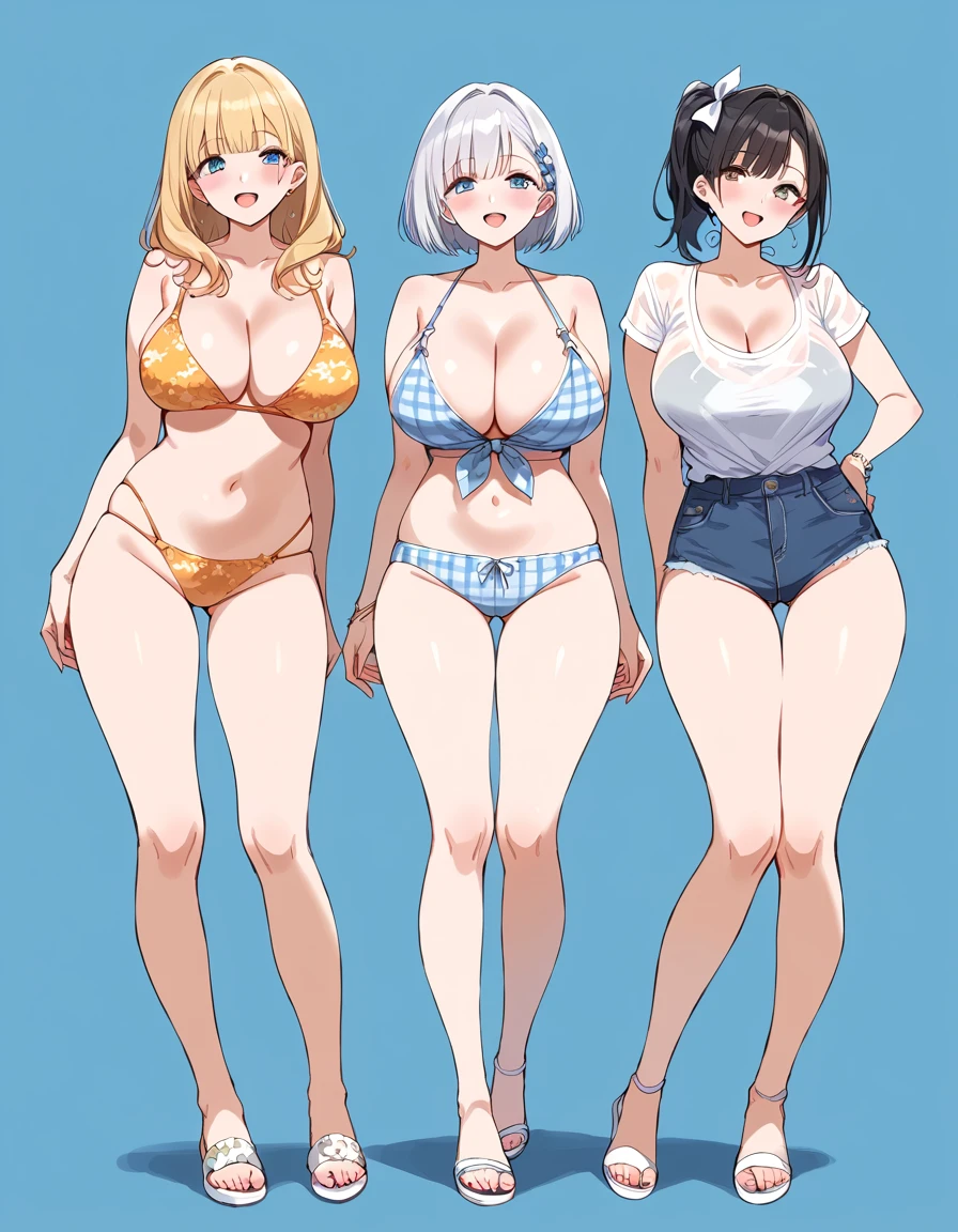 masterpiece, best quality, simple background, random hairstyle, large breasts,  summer, 3 girls, full body,
