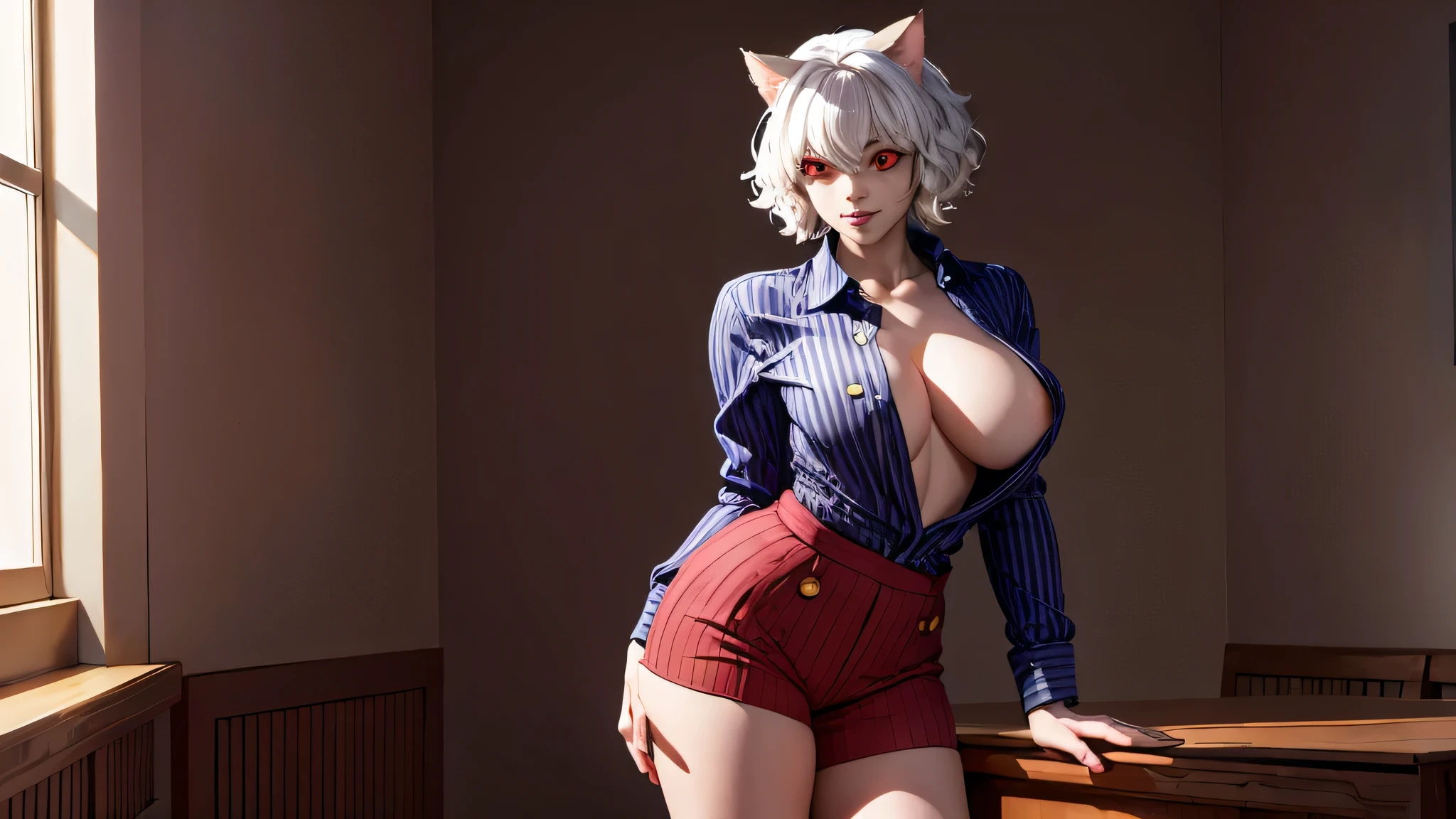 neferpitou, neferpitou, short hair, (red eyes:1.5), animal ears, hair between eyes, tail, white hair, cat ears, cat tail, cat girl, curly hair, thick thighs, gigantic breasts, thin waist, high heels, evil smile, BREAK long sleeves, shorts, striped, buttons, brown shorts, shirt, collared shirt, blue shirt, BREAK looking at viewer, BREAK indoors, classroom, (cowboy shot:1.5), BREAK (masterpiece:1.2), best quality, high resolution, unity 8k wallpaper, (illustration:0.8), (beautiful detailed eyes:1.6), extremely detailed face, perfect lighting, extremely detailed CG, (perfect hands, perfect anatomy),