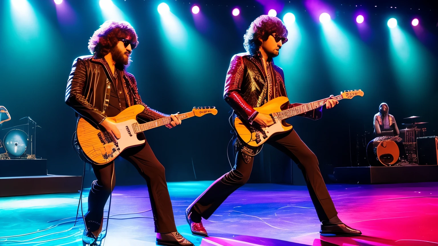 Rock star man on stage playing eletric guitar, clothes 70s, stage with stakes of amplificadores de guitara, luzes coloridas, holofotes, huge stage,8K, UHD,REALISTC FACE