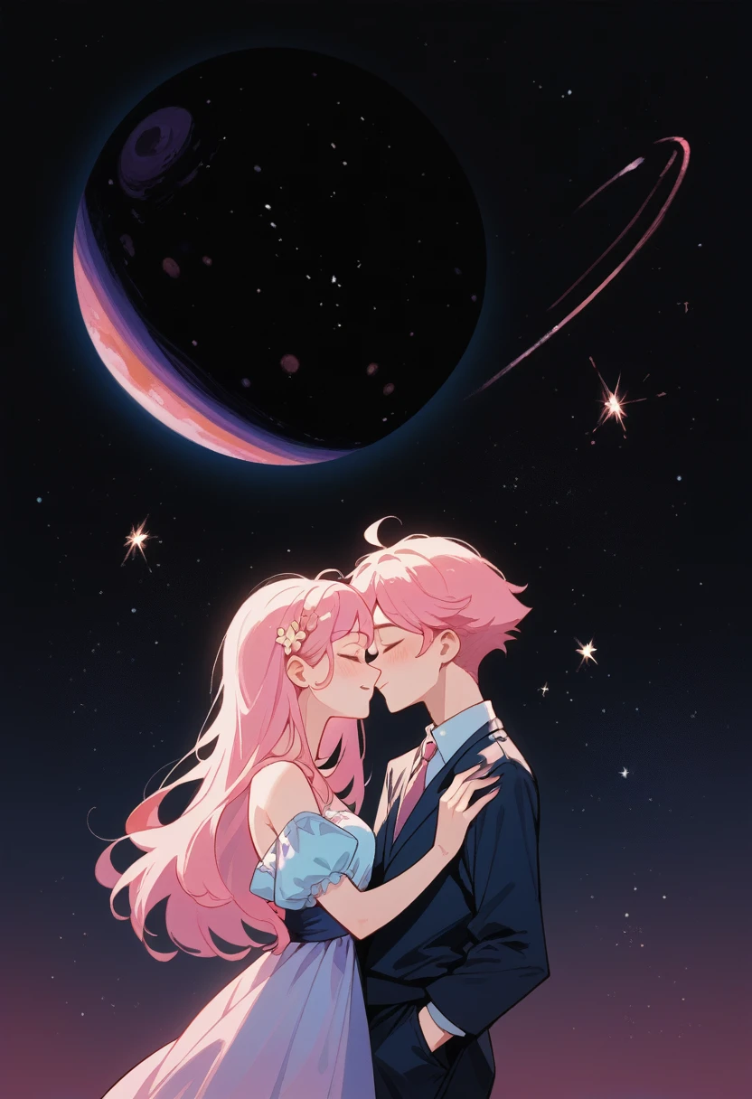 they are поцелуи in front of a galaxy and big pink planet ночью, big pink planet in the background, поцелуи together cutely, couple поцелуи, They are in love, taken at night, Space in the background, boy and girl, girl with blond hair