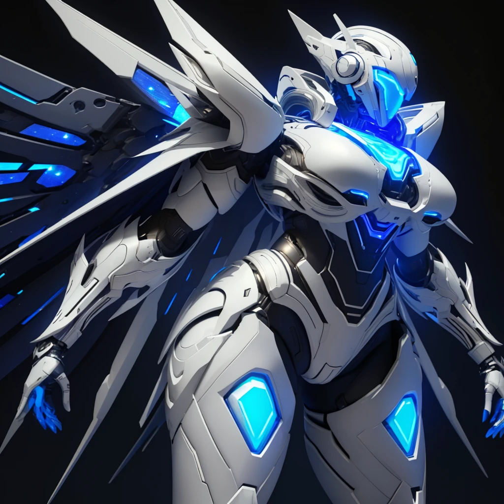 Dronificated unknown woman in a fully enclosed white latex fullbody armor with blue lights across the suit and star shaped glowing core in the chest, fully enclosed cyber helmet that cover her whole face and hides her identity with a blue screen that has a white star, huge , massive chest, narrow waist, wide hips and thick thighs, big tithighs, open Mechanical wings, in a warship in space, no face, no hair, no mouth, no eyes, (perfect anatomy)