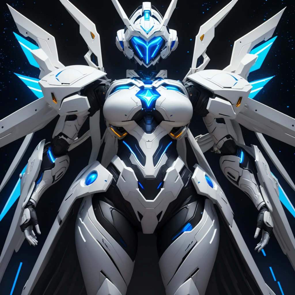 Dronificated unknown woman in a fully enclosed white latex fullbody armor with blue lights across the suit and star shaped glowing core in the chest, fully enclosed cyber helmet that cover her whole face and hides her identity with a blue screen that has a white star, huge breast, massive chest, narrow waist, wide hips and thick thighs, big tits, Big thighs, open Mechanical wings, in a warship in space, no face, no hair, no mouth, no eyes, (perfect anatomy)