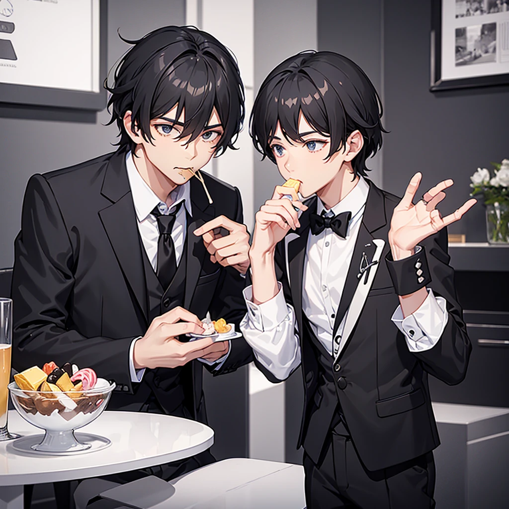 1 strong male, eating sweets, small cafe, black and white formal suit