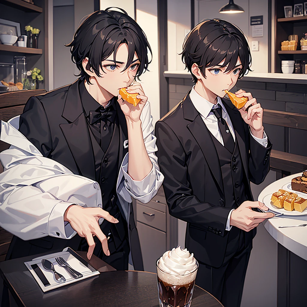 1 strong male, eating sweets, small cafe, black and white formal suit