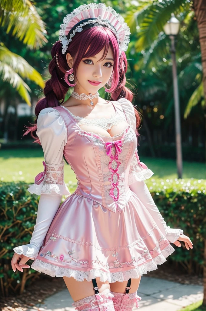 sexy stylish Swedish model, only 1 female, ((doll-like appearance)), long neon pink stylish hair, ((shiny Victorian-Style boots)), (beautiful smile), ultra detailed eyes, vivid eye makeup, lipgloss, long lashes, defined eyebrows, ((sexy Paradise Kiss cosplay)), bell-shaped skirt, petticoats, high neckline, puffed sleeves, (( ultra detailed lace)), ((ultra detailed embroidery)), intricate details, Paradise Kiss accessoires and matching headpiece, choker, ((large sparkling Paradise Kiss jewelry)), cinematic light, detailed large park background with trees