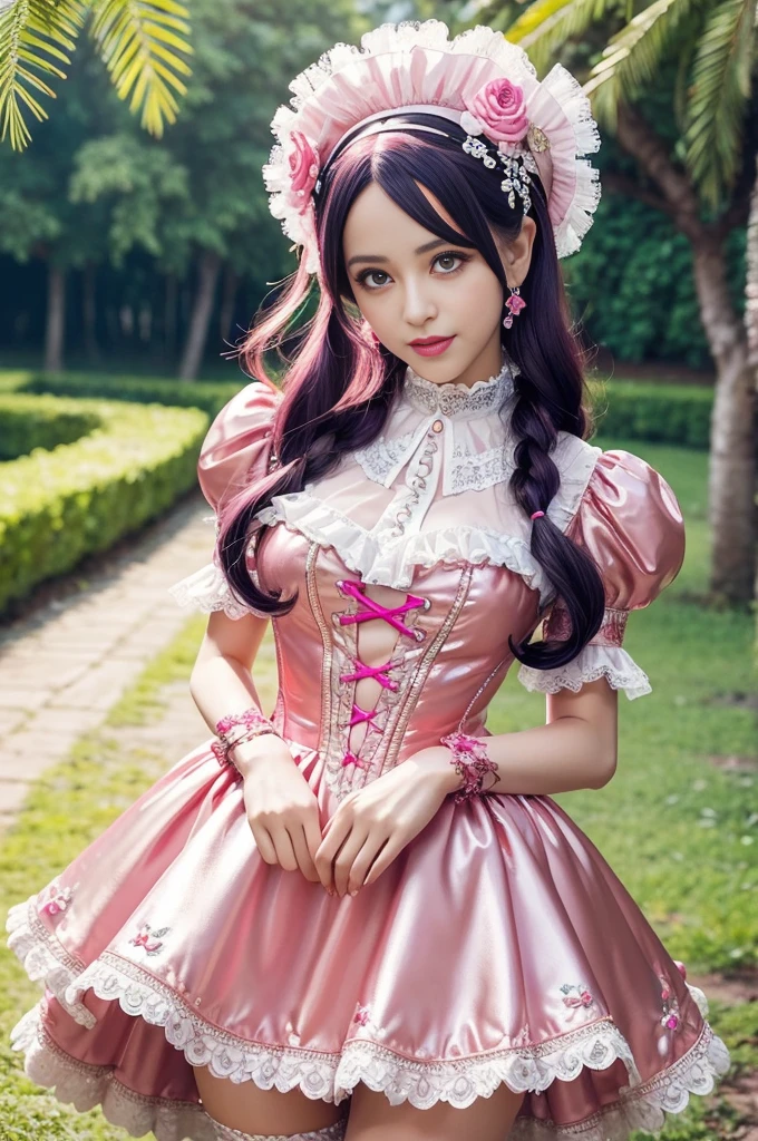 sexy stylish Swedish model, only 1 female, ((doll-like appearance)), long neon pink stylish hair, ((shiny Victorian-Style boots)), (beautiful smile), ultra detailed eyes, vivid eye makeup, lipgloss, long lashes, defined eyebrows, ((sexy Paradise Kiss cosplay)), bell-shaped skirt, petticoats, high neckline, puffed sleeves, (( ultra detailed lace)), ((ultra detailed embroidery)), intricate details, Paradise Kiss accessoires and matching headpiece, choker, ((large sparkling Paradise Kiss jewelry)), cinematic light, detailed large park background with trees
