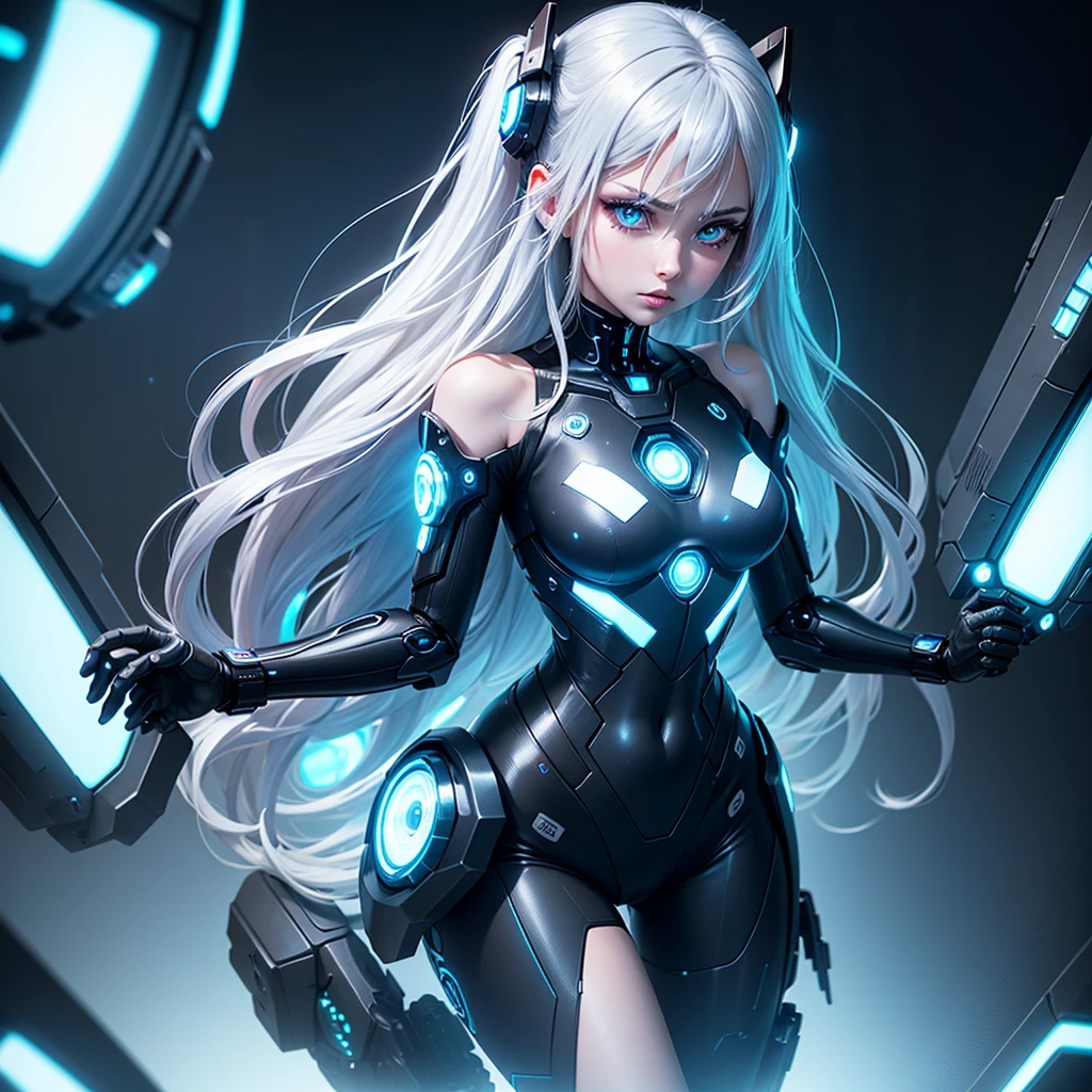 Android girl with long silver hair in a black suit with small blue elements woman sexy hips and bust half cyborg modification Beautiful sexy with bright eyes stands half-turned sideways Anime Style background Cyberpunk metropolis glass showcases neon lights style, Robot Girl, gloomy image background with white glow lines night black city and neon lights smooth horizon photo