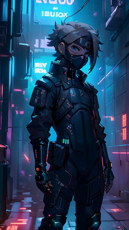 best quality,masterpiece,1boy,solo,(((ars old)japanese boy,an extremely cute and handsome hoy,highly detailed handsome face and eyes,petit,cute face,lovely face,baby fahy smile,show teeth, Silver hair,short hair,flat chest,skinny,slender,(((Hatake Kakashi wearing Cyberpunk Bodysuit ))),(((standing in Dark Midnight Neon Glow light Cyberpunk Gotham city))),he is looking at the viewer,