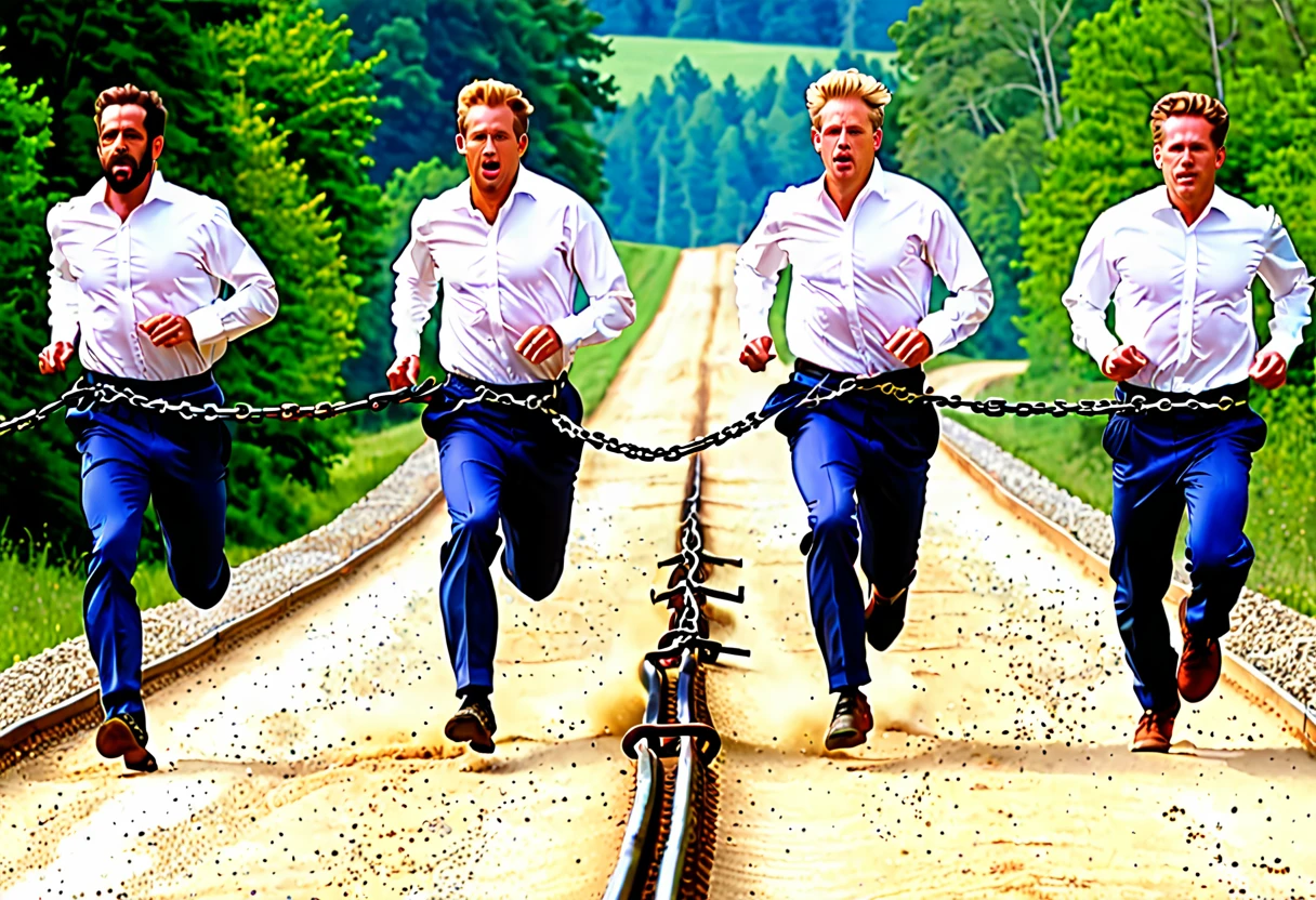 4 white men chained at the waist running (chains pass between men's waists), simple clothes and bare feet,