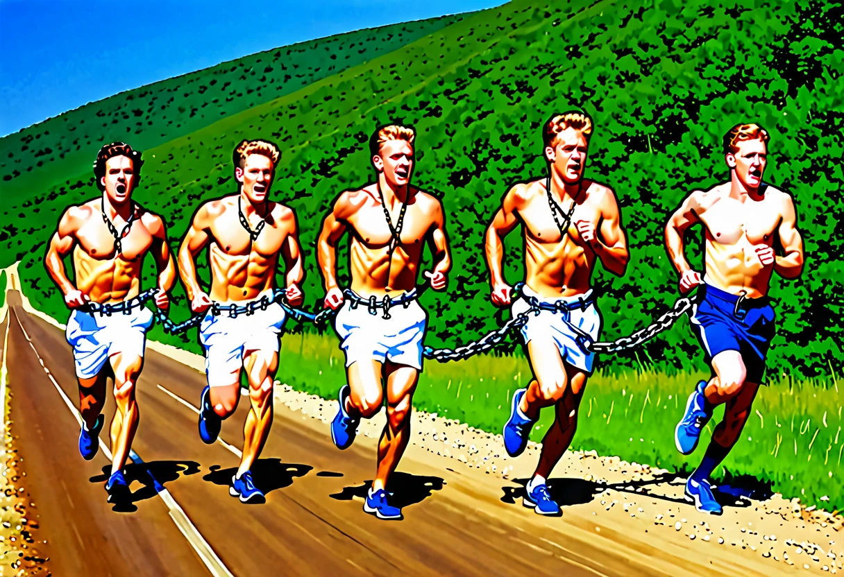 4 white men chained at the waist running (chains pass between men's waists), simple clothes and bare feet,