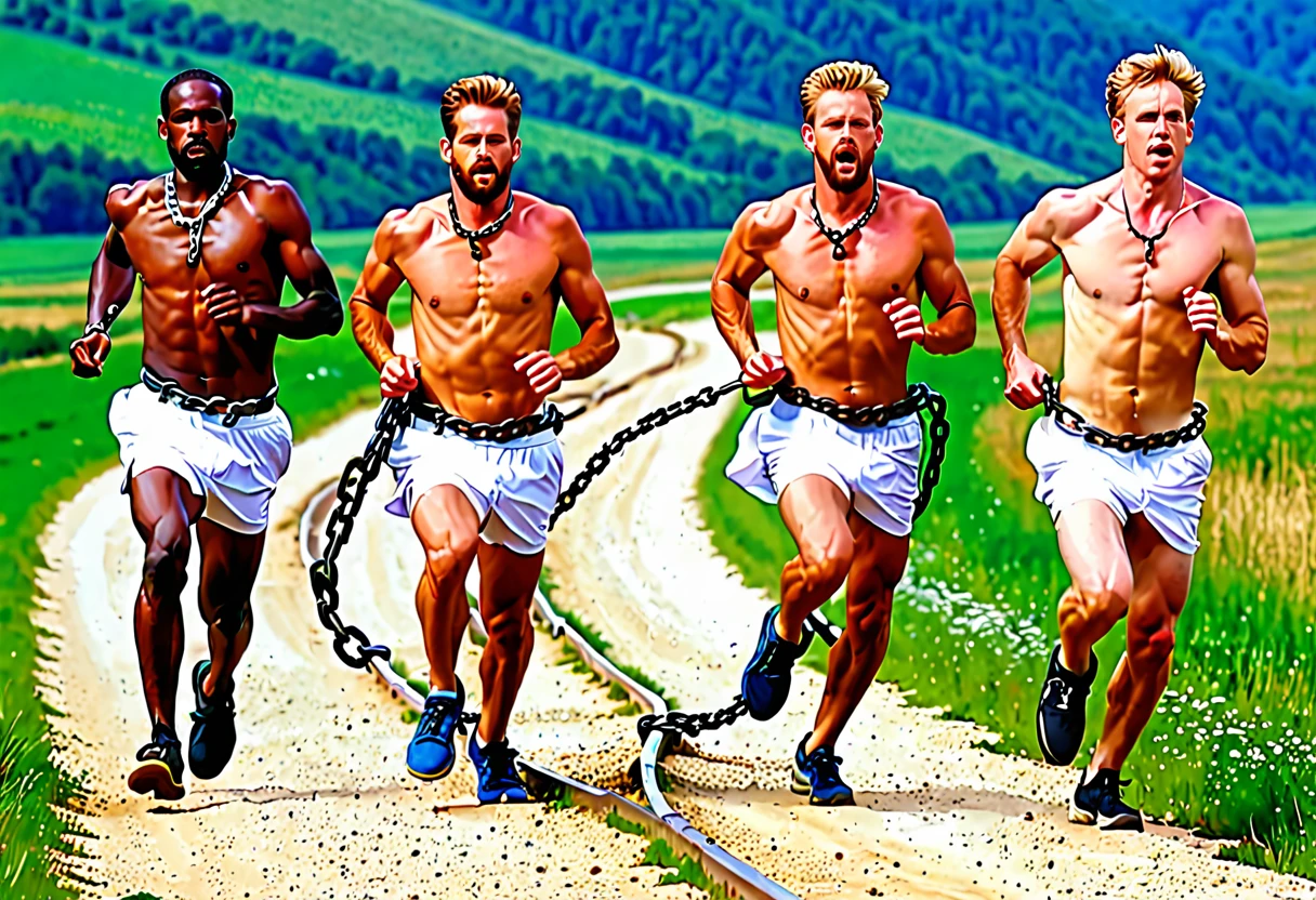 4 white men chained at the waist running (chains pass between men's waists), simple clothes and bare feet,