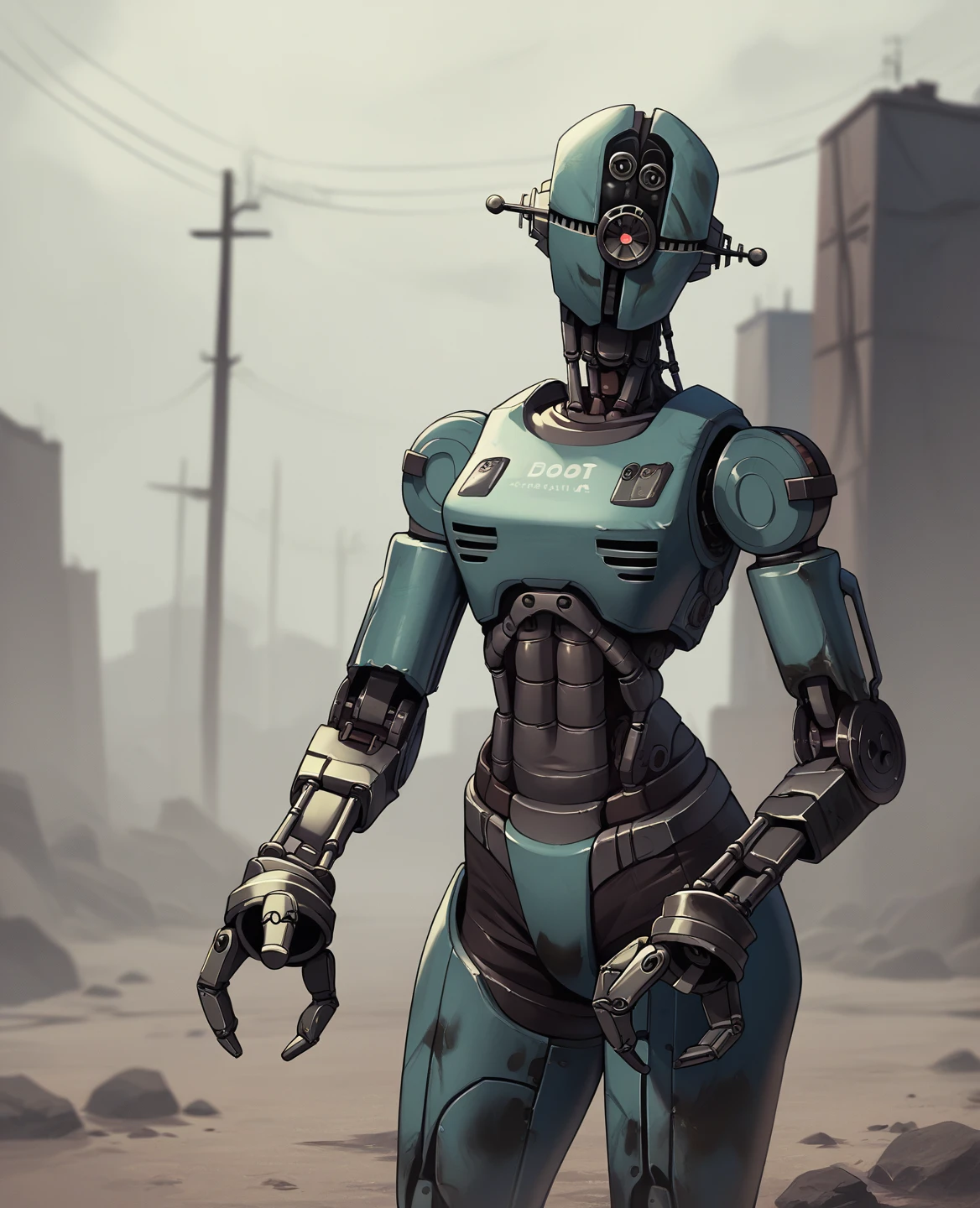 score_9, score_8_up, score_7_up, score_6_up, score_5_up, source_furry, assaultron, fallout, solo, looking at viewer, robot, humanoid robot, robot joints, one-eyed, joints, no humans, black and dark blue skin, mechanical arms, science fiction, post-apocalypse, outside, green armor, robotic hand, 3 fingers, black and dark blue armor, black and dark blue paint
