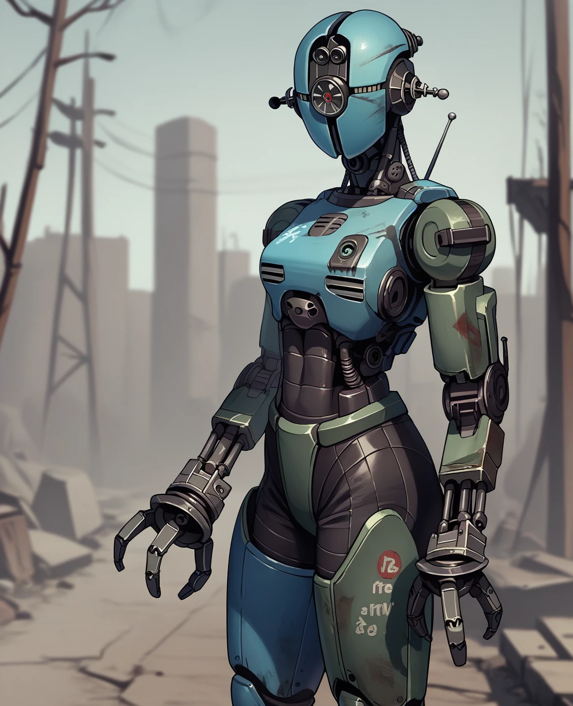 score_9, score_8_up, score_7_up, score_6_up, score_5_up, source_furry, assaultron, fallout, solo, looking at viewer, robot, humanoid robot, robot joints, one-eyed, joints, no humans, black and dark blue skin, mechanical arms, science fiction, post-apocalypse, outside, green armor, robotic hand, 3 fingers, black and dark blue armor, black and dark blue paint