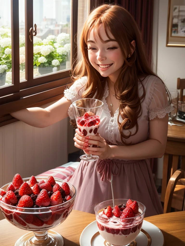 The best picture quality, a delicious looking parfait of strawberries and chocolate in a tall glass on the table, a 5 year old  laughing and eating parfait, a happy smile, the best smile, a very pretty , amazingly very large shining eyes, long eyelashes, chestnut hair, a neat ,friendly and bright smile, hydrangea blooming outside the window,