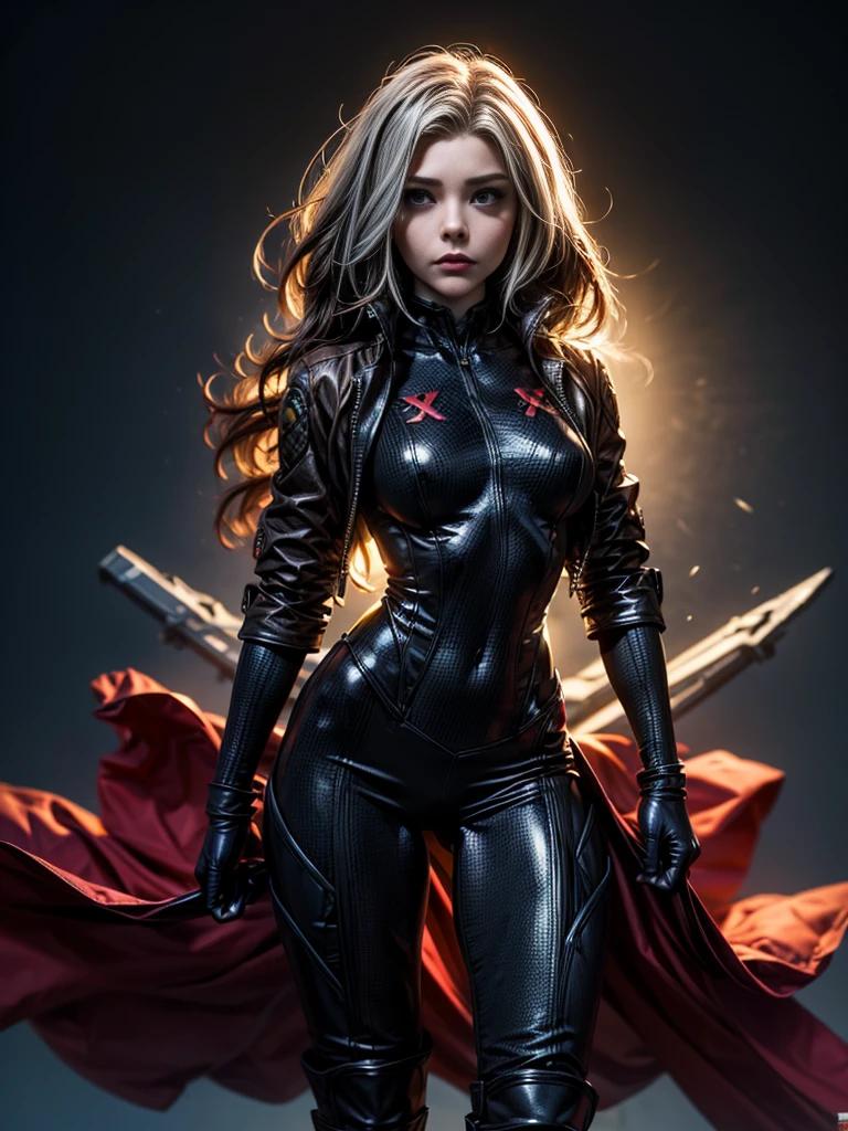 Chloe Grace Moretz、masterpiece、High quality 4K、villain (X-Men)、Gothic Girl、Sculpted Body Gothic Makeup、Black jacket、Red and blue bodysuit、masterpiece、Highest quality、Cowboy Shots、One personの女の子、One person、Technology Military Bodysuit、fringe