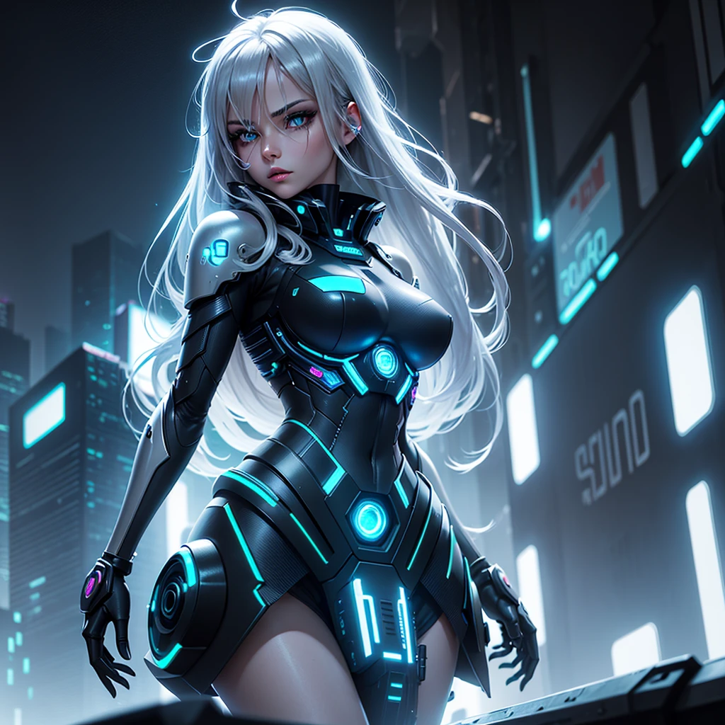 Android girl with long silver hair in a black suit with small blue elements woman sexy hips and bust half cyborg modification Beautiful sexy with completely black eyes stands half-turned sideways Anime Style background Cyberpunk metropolis glass showcases neon lights style, Robot Girl, gloomy image background with white glow lines night black city and neon lights