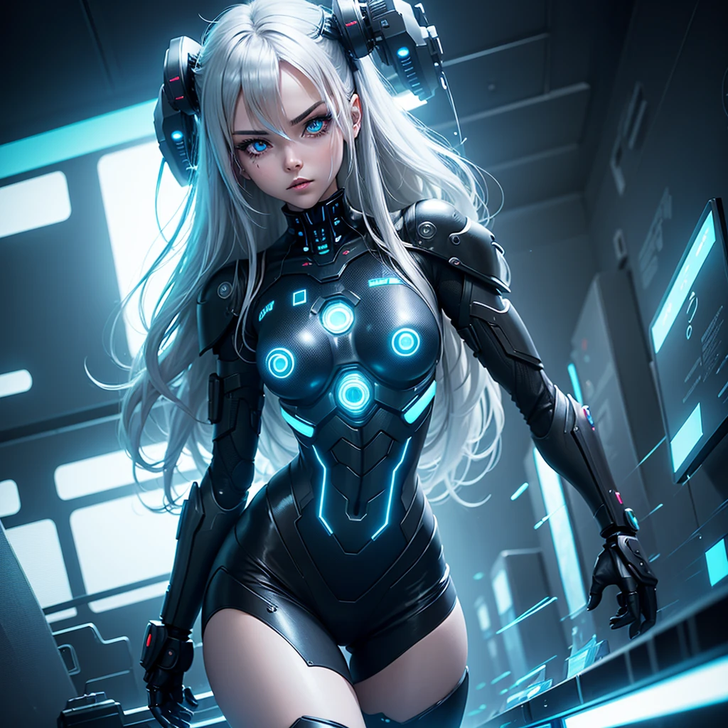 Android girl with long silver hair in a black suit with small blue elements woman sexy hips and bust half cyborg modification Beautiful sexy with completely black eyes stands half-turned sideways Anime Style background Cyberpunk metropolis glass showcases neon lights style, Robot Girl, gloomy image background with white glow lines night black city and neon lights