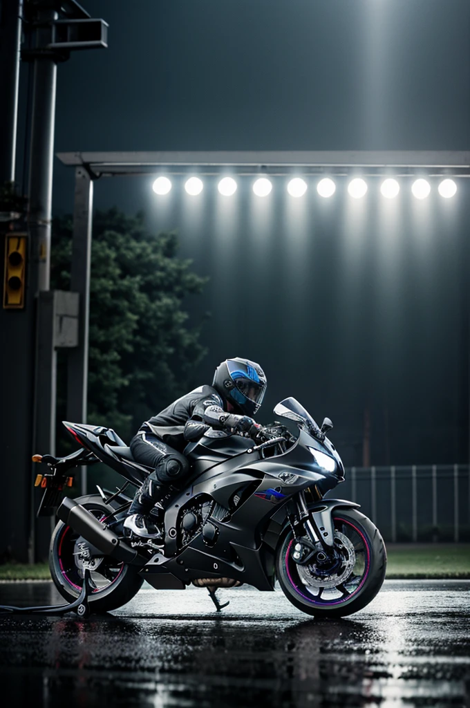 Rainy day with lighting and a fast Yamaha R6 motorcycle