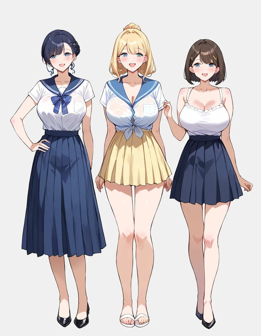 masterpiece, best quality, simple background, random hairstyle, large breasts,  summer, 3 girls, full body, skirt,
