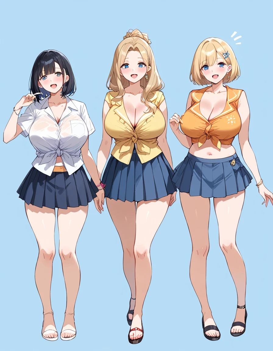 masterpiece, best quality, simple background, random hairstyle, large breasts, summer, 3 girls, full body, skirt,
