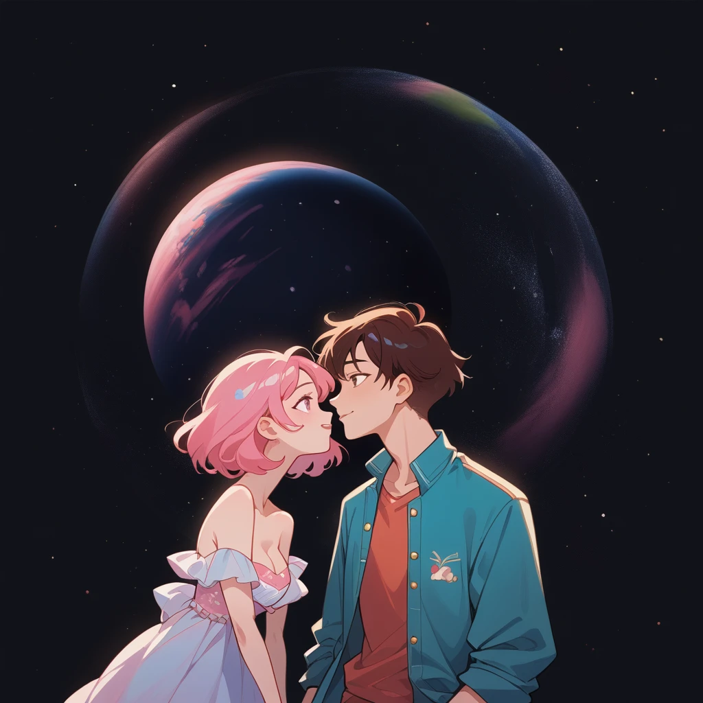 they are поцелуи in front of a galaxy and big pink planet ночью, big pink planet in the background, поцелуи together cutely, couple поцелуи, They are in love, taken at night, Space in the background, boy and girl, girl with blond hair