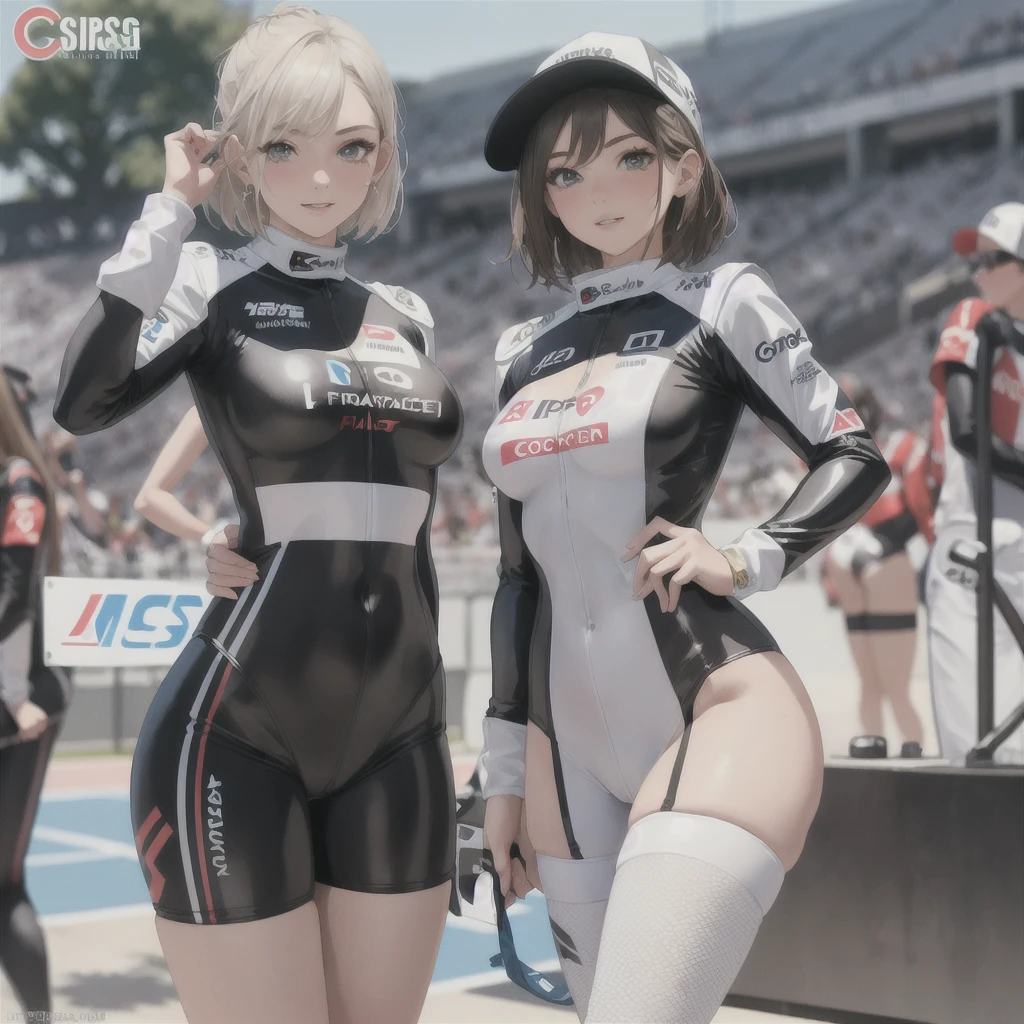 (masterpiece, best quality: 1.2), pretty girl, 18 yo, (white, race queen), (fight-fitting grid girl outfit with sponsor's logo printed:1.3), tight-fitting high leg leotard, long-sleeve latex leotard, medium breasts, cowboy shot, looking at viewer,
short hair,