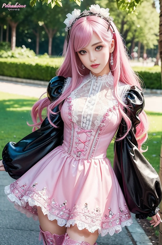 sexy stylish Swedish model, only 1 female, ((doll-like appearance)), long neon pink stylish hair, ((shiny Victorian-Style boots)), (beautiful smile), very detailed eyes, very detailed eye makeup, lipgloss, long lashes, defined eyebrows, ((sexy Paradise Kiss cosplay)), bell-shaped skirt, petticoats, high neckline, puffed sleeves, (( ultra detailed lace)), ((ultra detailed embroidery)), intricate details, Paradise Kiss accessoires and matching headpiece, choker, ((large sparkling Paradise Kiss jewelry)), cinematic light, detailed large park background with trees