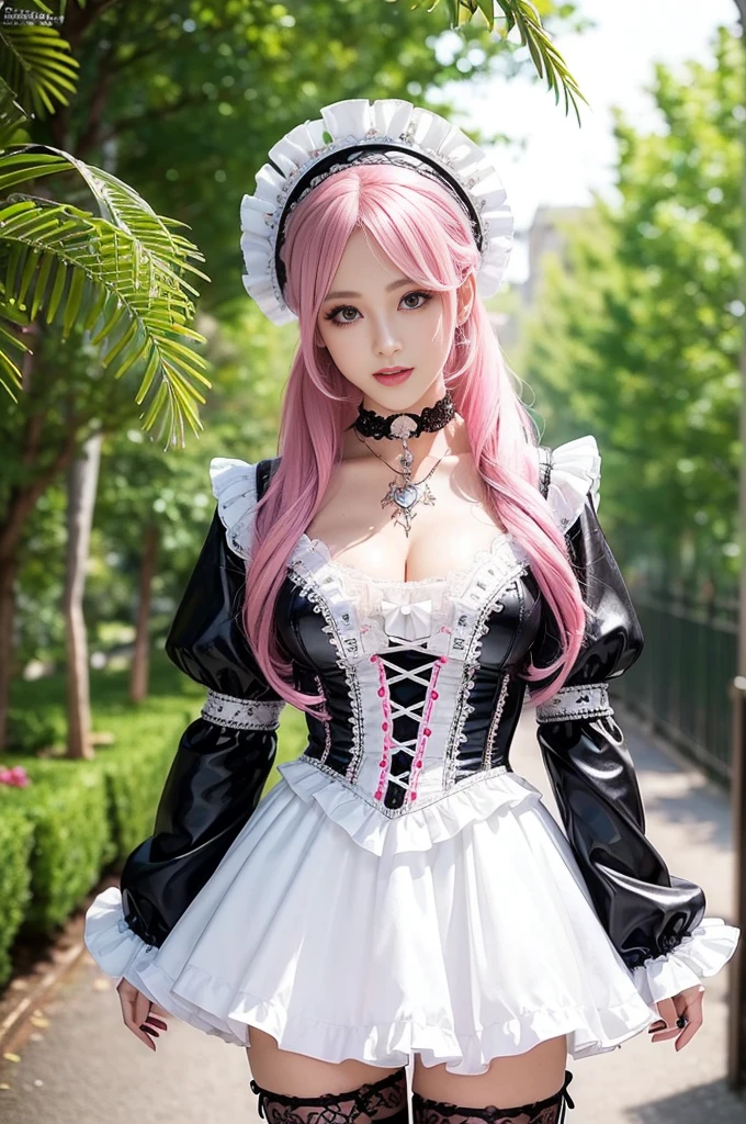 sexy stylish Swedish model, only 1 female, ((doll-like appearance)), long neon pink stylish hair, ((shiny Victorian-Style boots)), (beautiful smile), very detailed eyes, very detailed eye makeup, lipgloss, long lashes, defined eyebrows, ((sexy Paradise Kiss cosplay)), bell-shaped skirt, petticoats, high neckline, puffed sleeves, (( ultra detailed lace)), ((ultra detailed embroidery)), intricate details, Paradise Kiss accessoires and matching headpiece, choker, ((large sparkling Paradise Kiss jewelry)), cinematic light, detailed large park background with trees