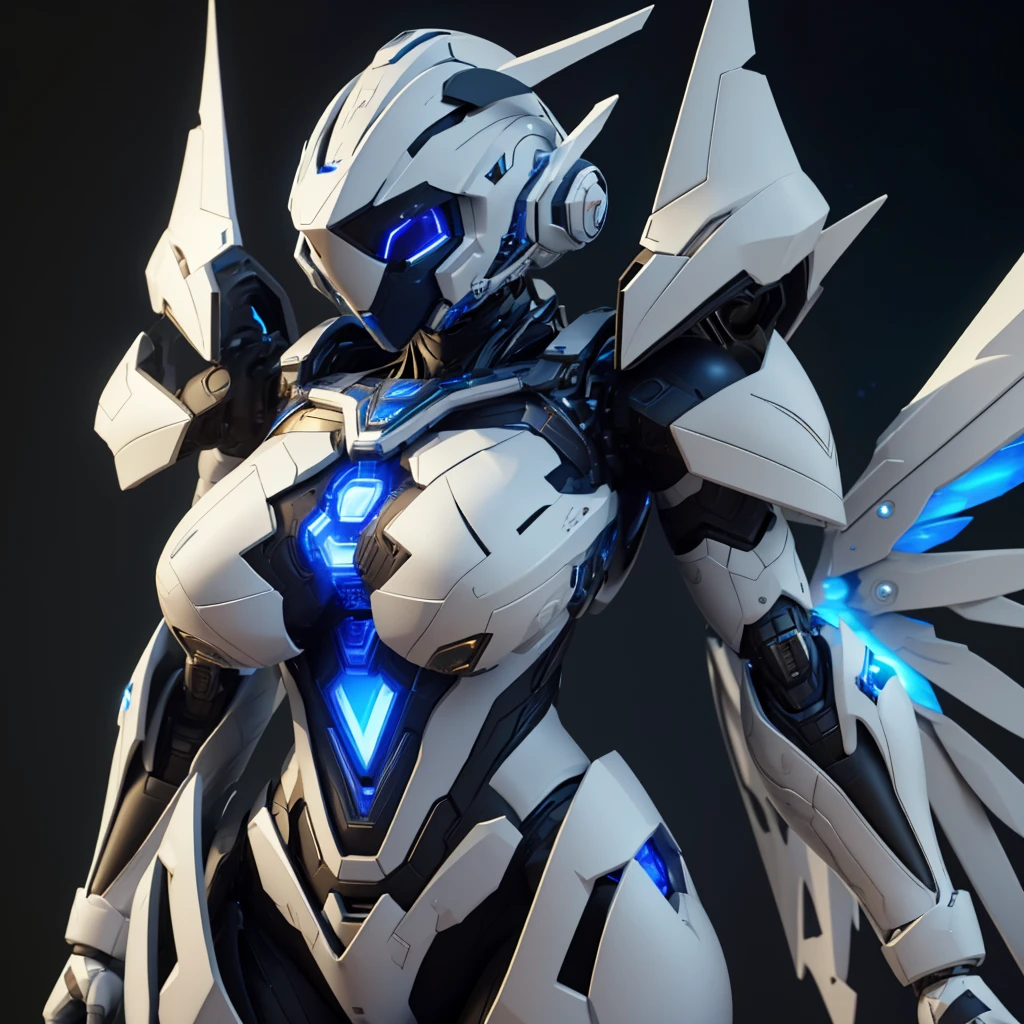 Dronificated unknown woman in a naked and star shaped glowing core in the chest, fully enclosed cyber helmet that cover her whole face and hides her identity with a blue screen that has a white star, huge breast, massive chest, narrow waist, wide hips and thick thighs, open Mechanical wings, in a spaceship, no face, no hair, no mouth, no eyes, (perfect anatomy)