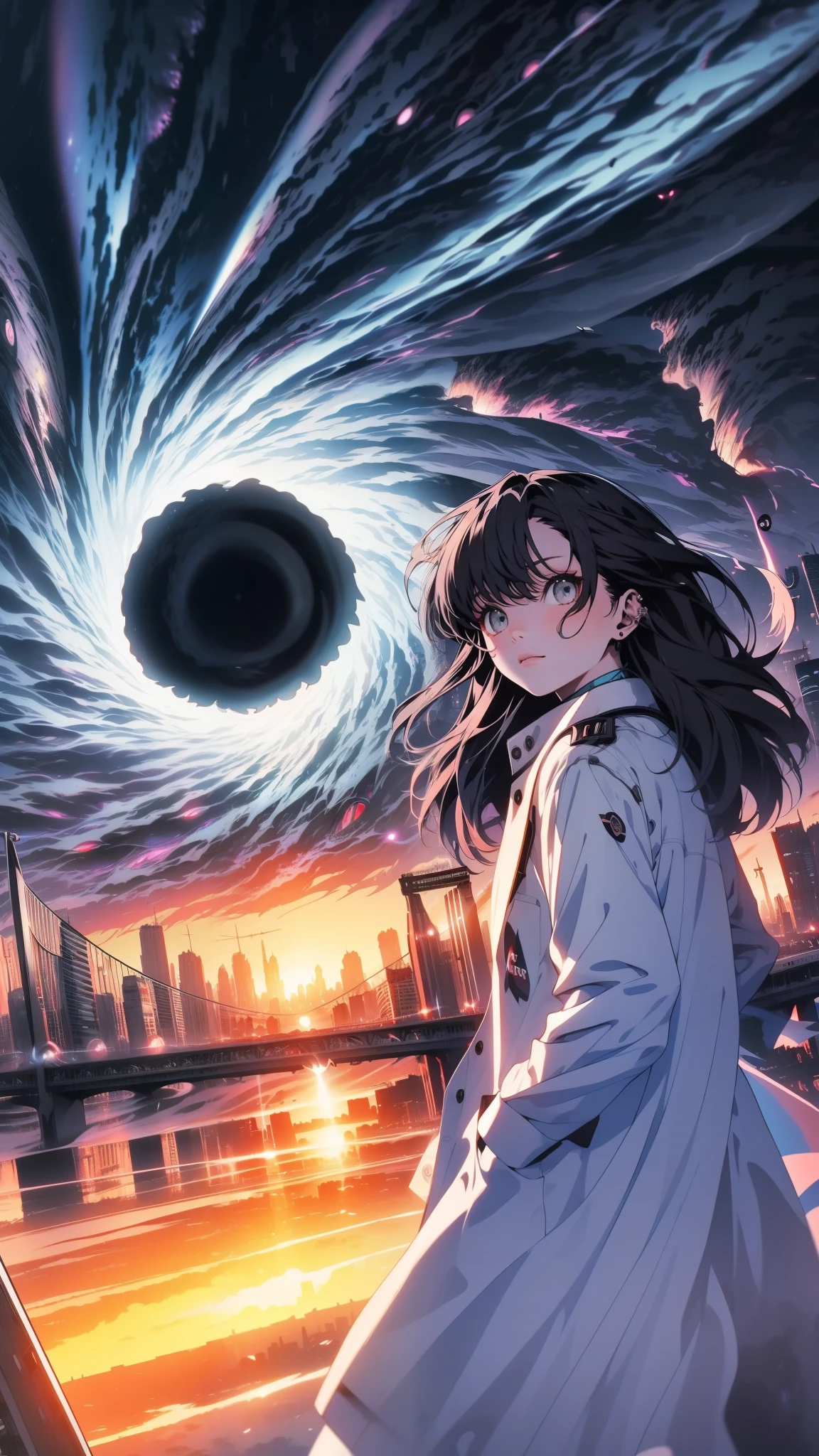 An amazed teenager boy in a lab coat, city, bridge, looking at the camera, ((with a gigantic black hole distorting the sky and cityscape behind them) :1.5). The scene is dramatic and intense, with swirling winds and debris, abasterpiece)), ((best quality)), ultra detailed,((illustration)), dynamic angle, detailed light, (delicate eyes), (ahoge:0.8),apathy, ray,frontage,style of anime4 k, 4k anime wallpaper, badass anime 8 k, 4 k comic wallpaper